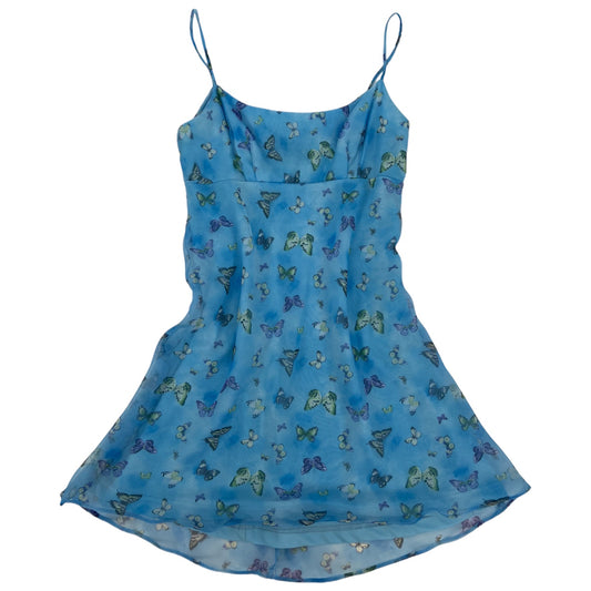 Vintage 90s Y2K City Triangles Butterfly Chiffon Cami Dress Blue Mesh Lace Dress Sz: 11
