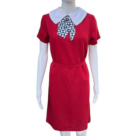 60s Mod Peter Pan Collar Burgundy Red Knee Length Dress Women’s Medium Geometric Scarf