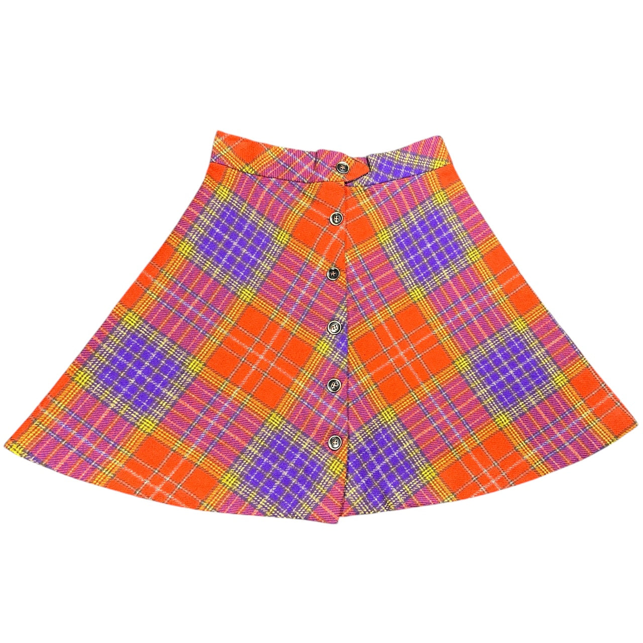 Vintage 60s 70s High Waisted Plaid Wool Skirt Button Down A-Line Retro Style Womens XS/S