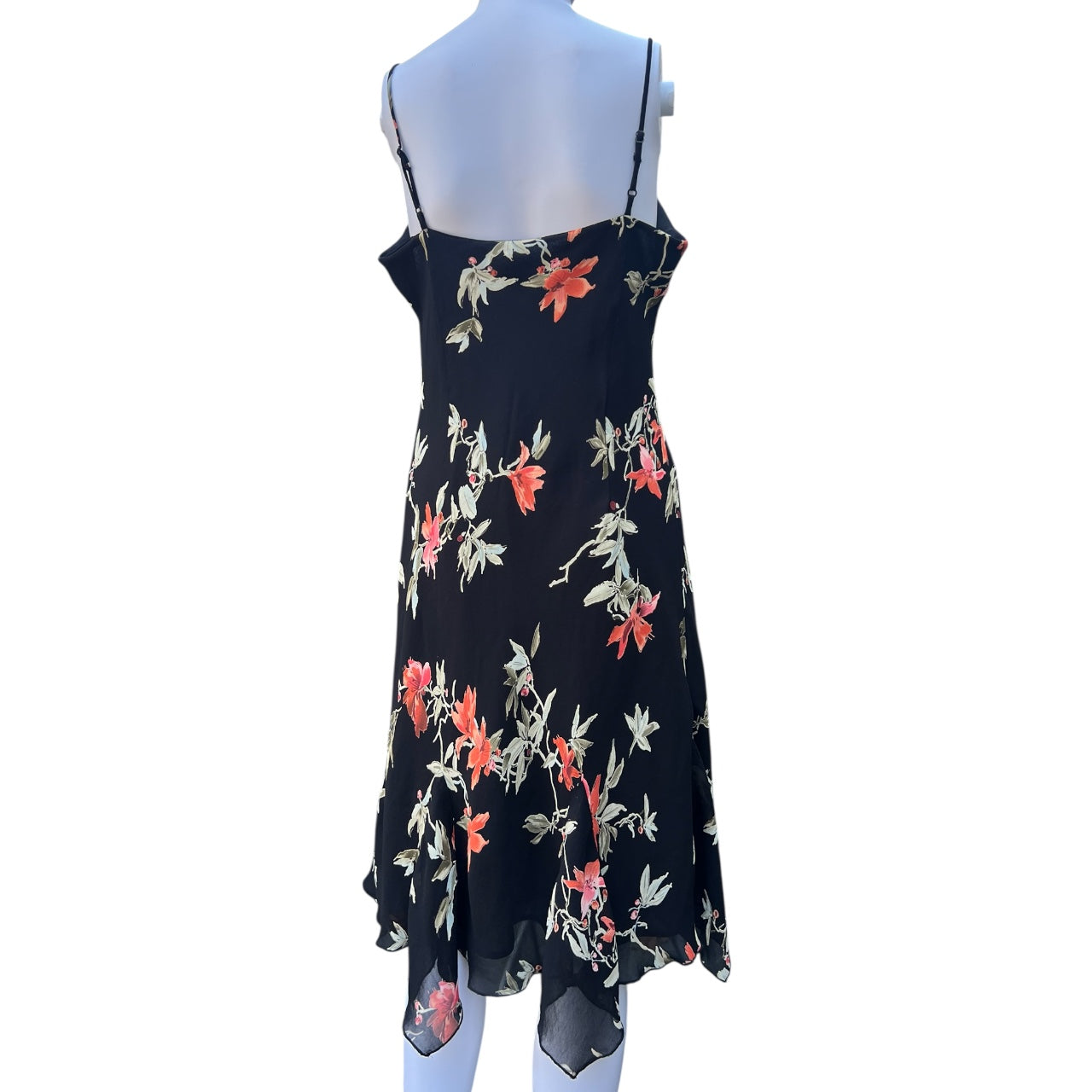90s Y2K Lily Black Floral Chiffon Midi Dress Handkerchief Hem Women’s Large Made in USA