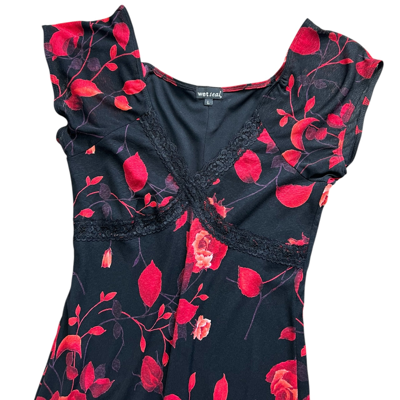 90s Y2K Wet Seat Floral Rose Print Lace Midi Dress Women’s Large Lettuce Hem