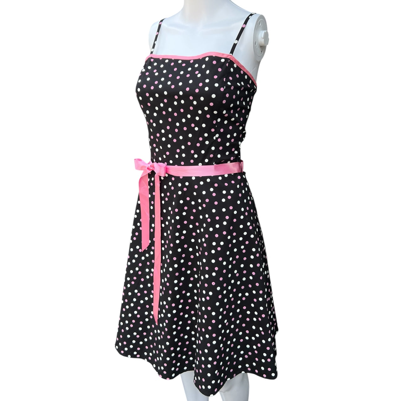90s Pulse Black Pink Polka Dot A-line Dress Ribbon Waist Tie Women’s Large
