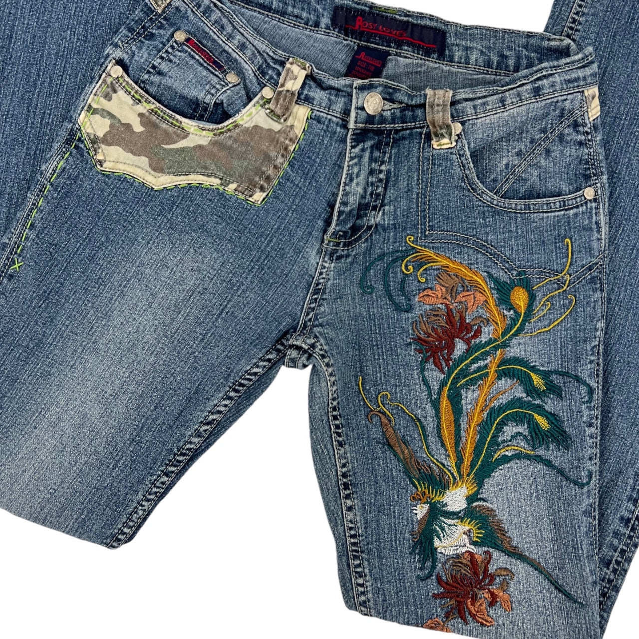 Vintage 90 Y2K Rosy Love’s Embroidered Camo Patchwork Skinny Bootcut Jeans Women’s 7/8