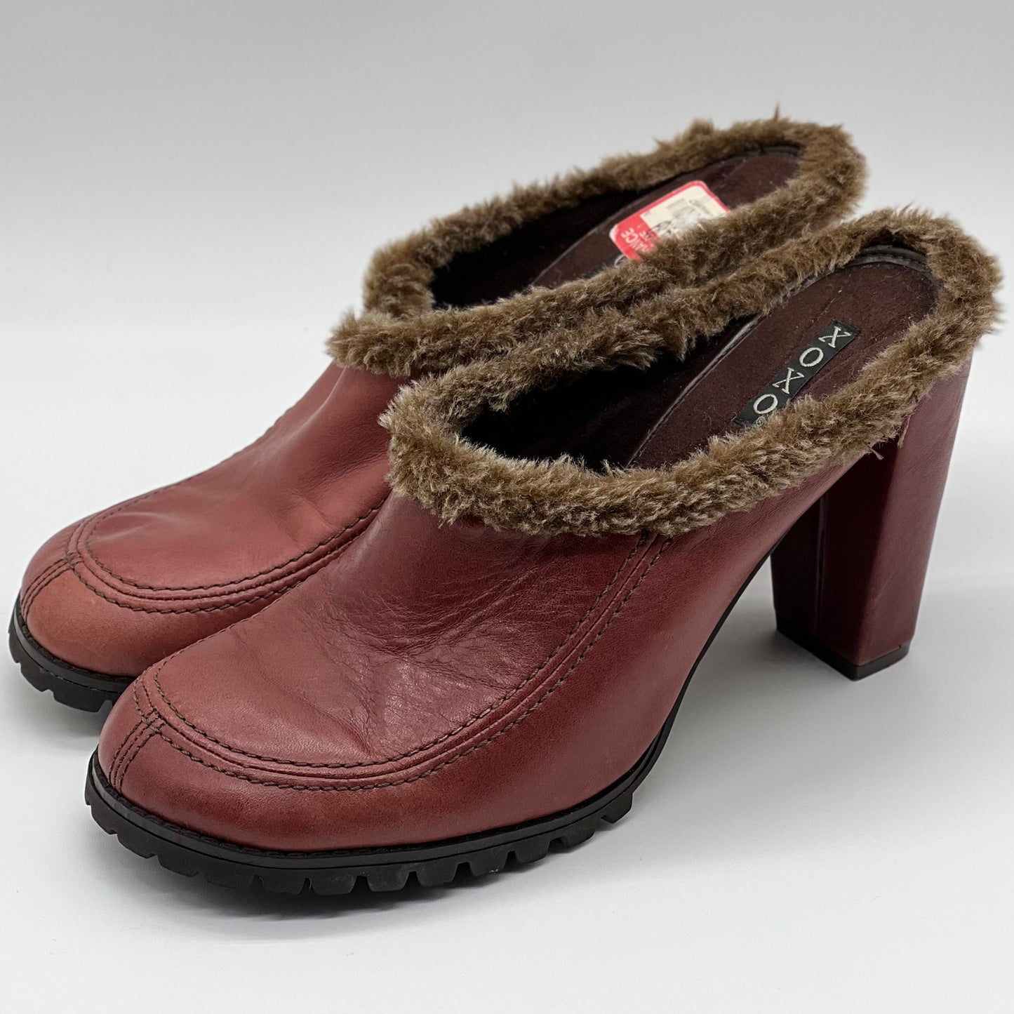 Vintage 90s Y2K XOXO Burgundy Leather Clogs Faux Fur Trim Size 10 NWT