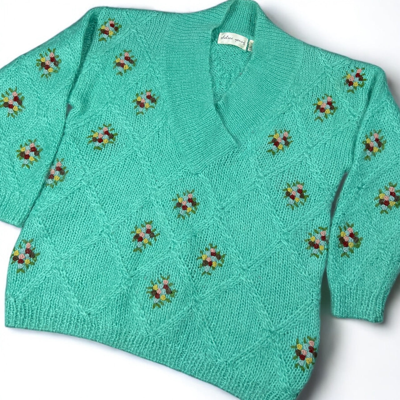 Vintage 90s Chelsea Young Wool Mohair Floral Embroidered Sweater Aqua Blue Women’s Med