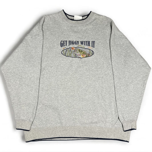 Vintage MC Sports Get Jiggy With It Gray Fishing Sweatshirt Embroidered Mens 2XL