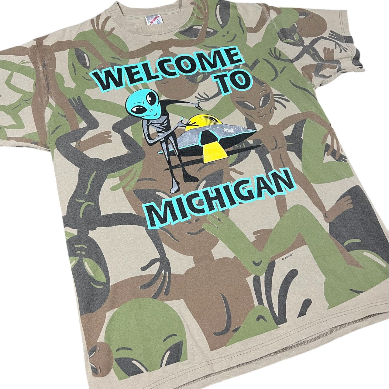 Vintage 90s Alien Camouflage Welcome To Michigan UFO J Benton T Shirt Sz Large