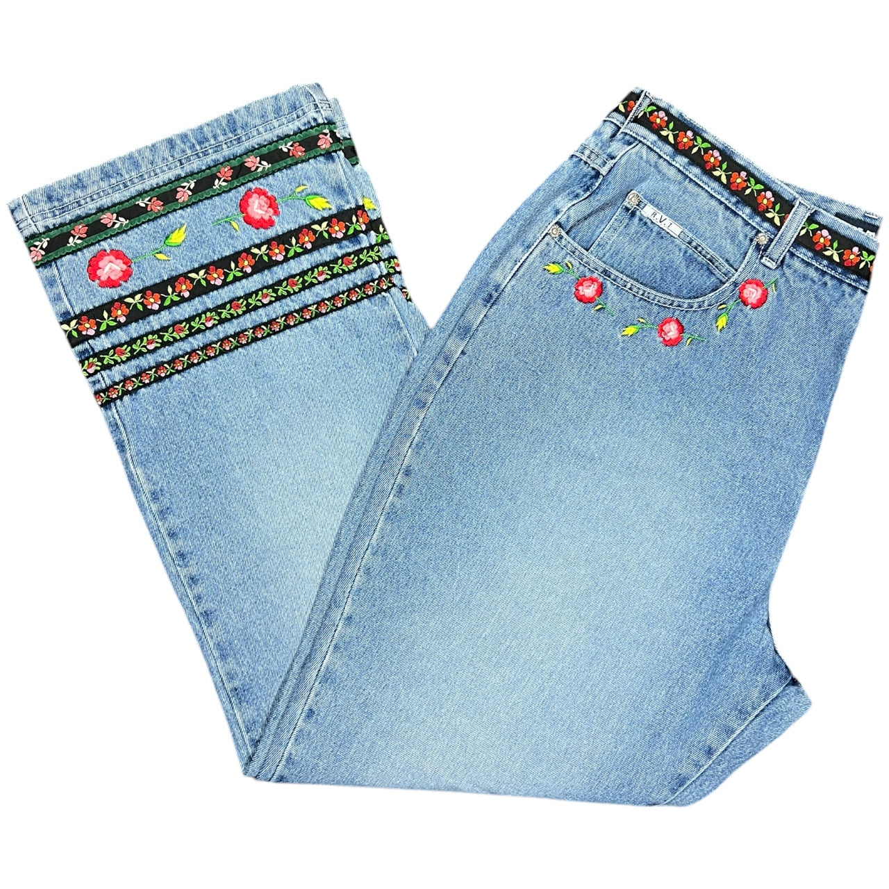 Vintage 90s RVT Boho Embroidered Floral Straight Leg High Rise Jeans Womens 20 Plus Size