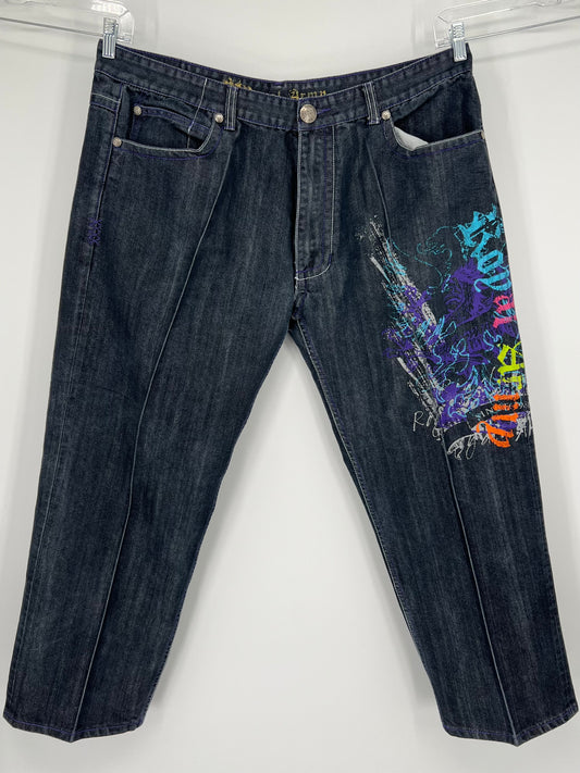 Vintage Y2K Royal Army Baggy Skater Jeans Graffiti Print Purple Stitching Men’s 44/32