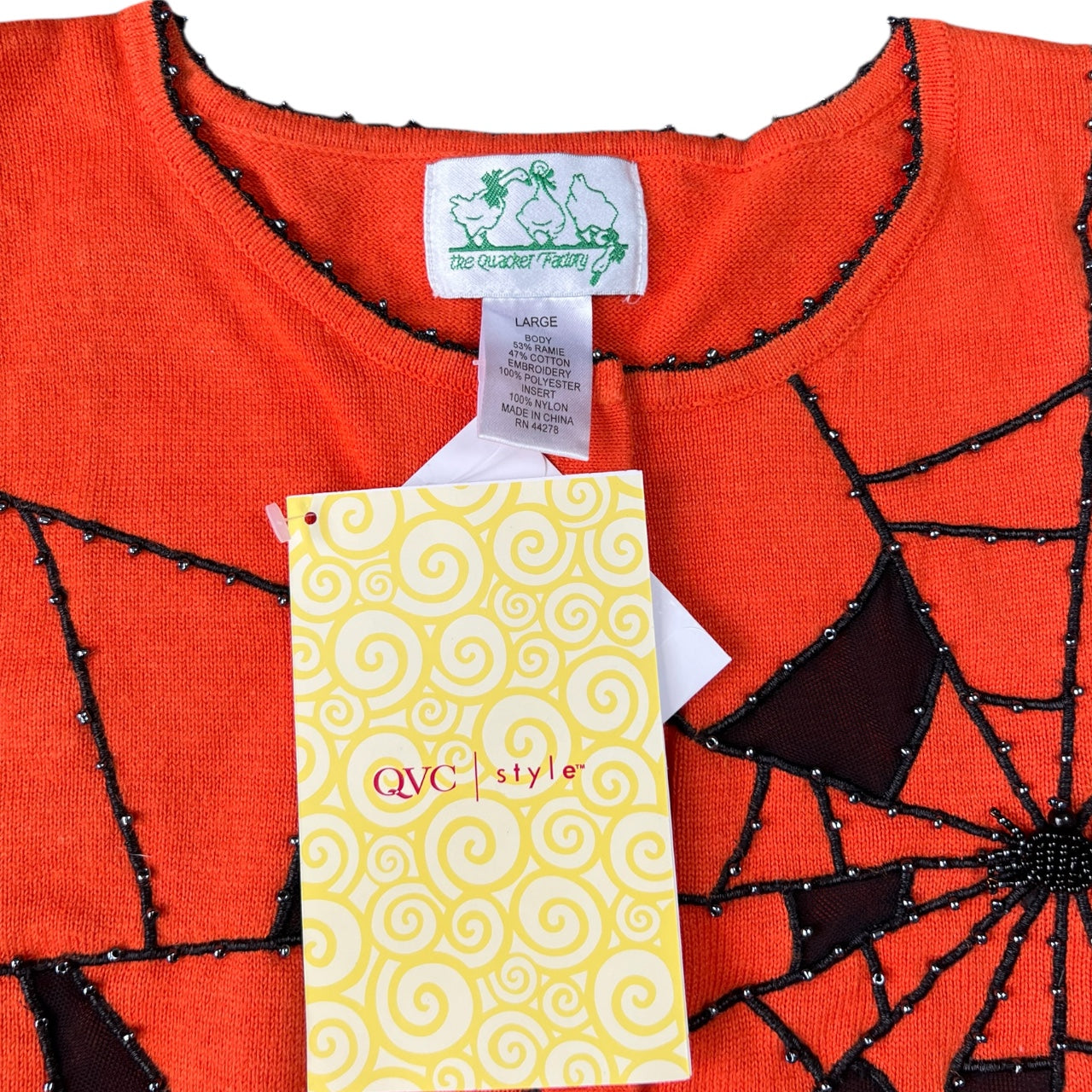 NWT Vintage The Quacker Factory Orange Beaded Spiderweb Ugly Sweater Cardigan Women’s Large Mesh