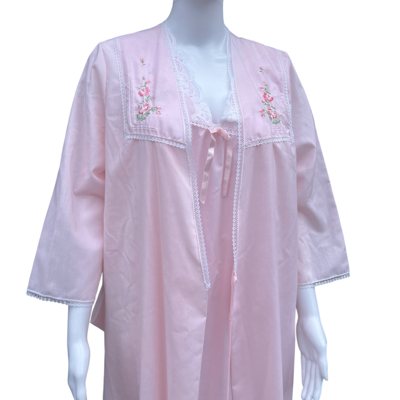 Vintage Sears Perma Prest Pink Nightgown Robe Set Floral Embroidered Lace Trim Women’s Med