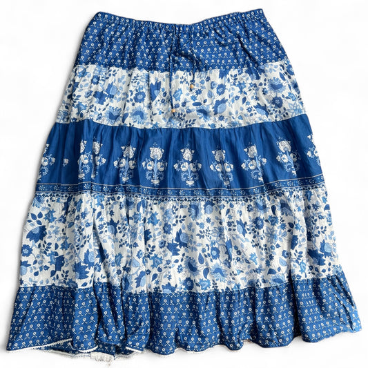 90s Lauren Ralph Lauren Boho Cottagecore Tiered Floral Midi Skirt Blue Women’s Large 100% Cotton