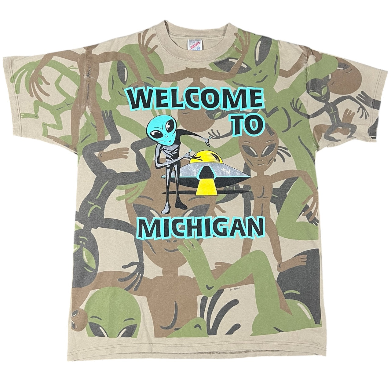 Vintage 90s Alien Camouflage Welcome To Michigan UFO J Benton T Shirt Sz Large