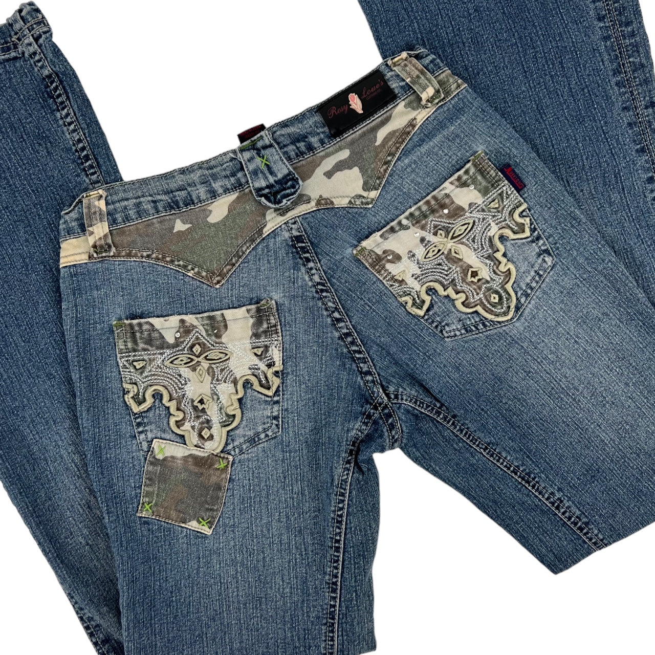 Vintage 90 Y2K Rosy Love’s Embroidered Camo Patchwork Skinny Bootcut Jeans Women’s 7/8