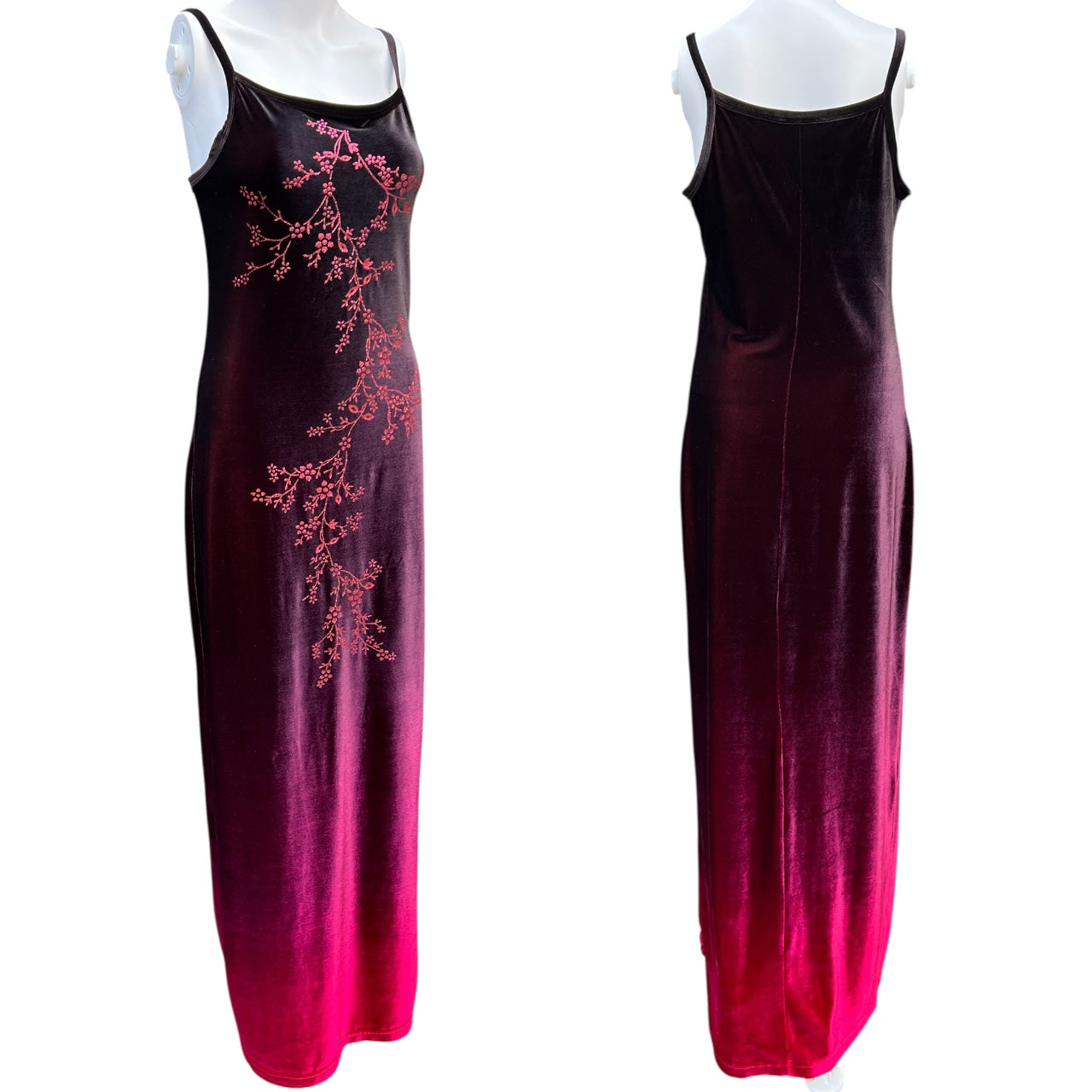 90s Candy Rocket Velvet Ombré Maxi Dress Cascading Floral Glitter Women’s Med Made in USA