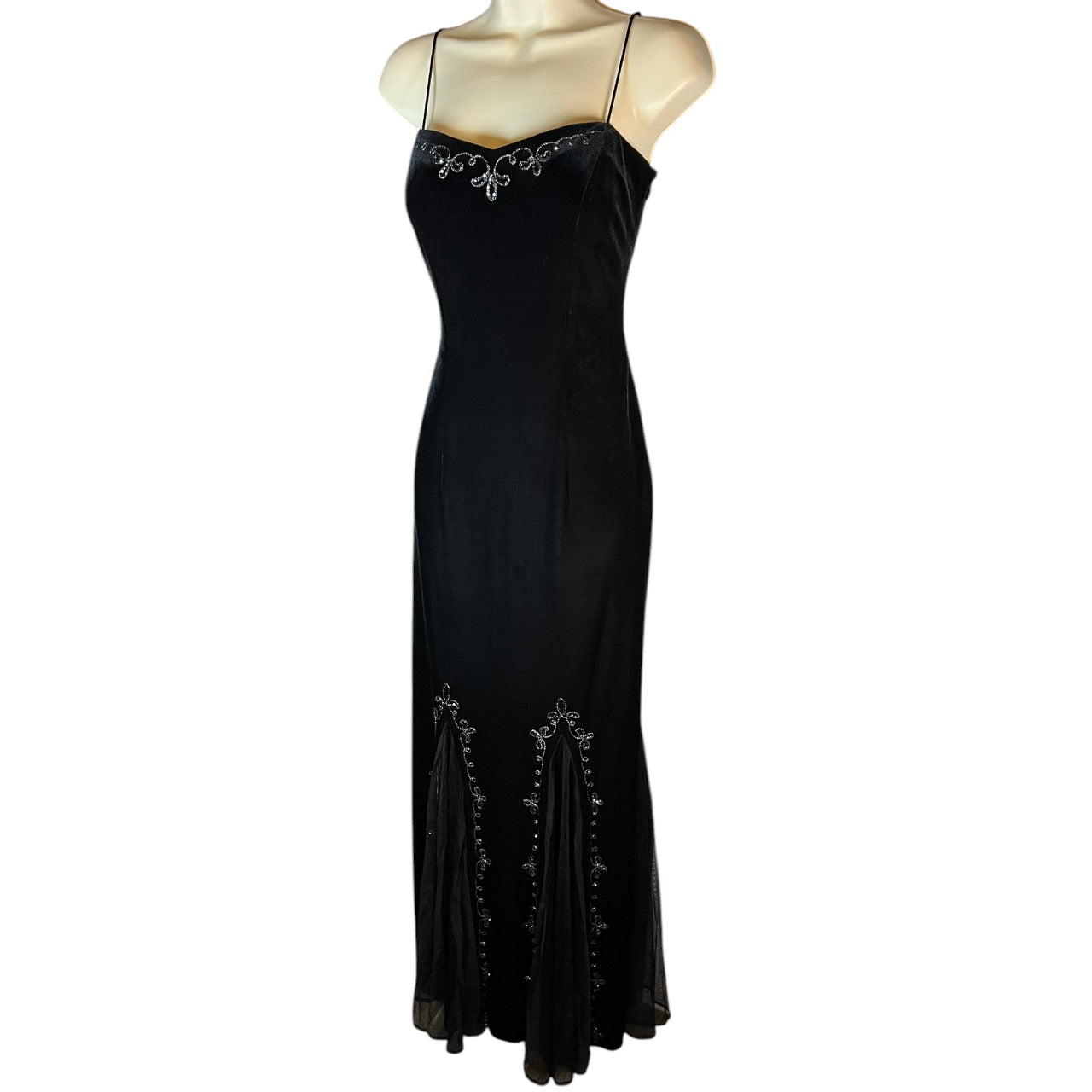 Vintage 90s Dave and Johnny by Laura Ryner Goth Black Velvet Embroidered Sequin Lace Up Prom Dress Micromesh XS 3/4