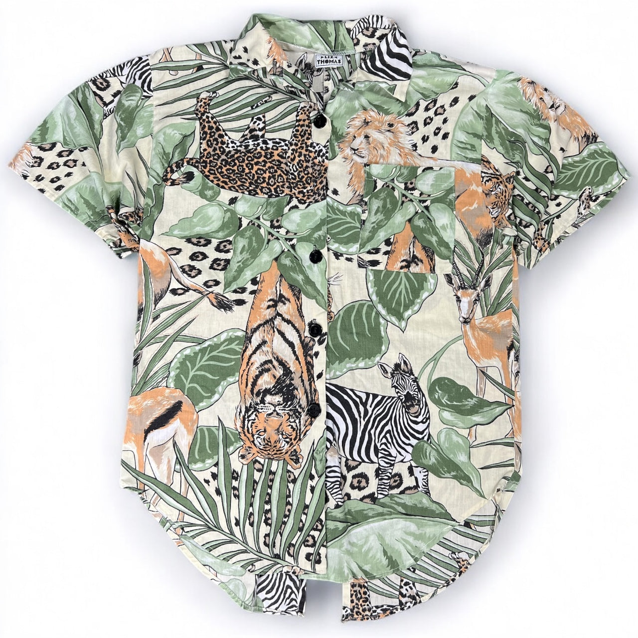 Vintage 80s Liz Thomas Safari Blouse Animal Jungle Print Short Sleeve Womens Med