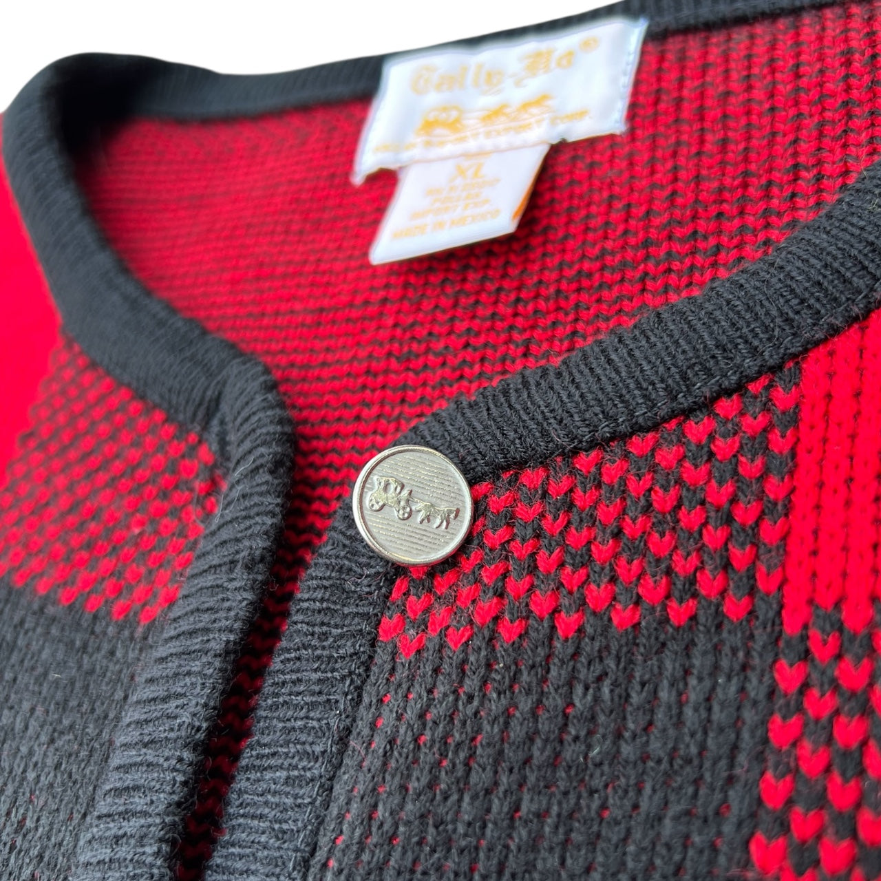 Vintage Tally Ho Red Checkered Cardigan Acrylic Metal Buttons Women’s XL