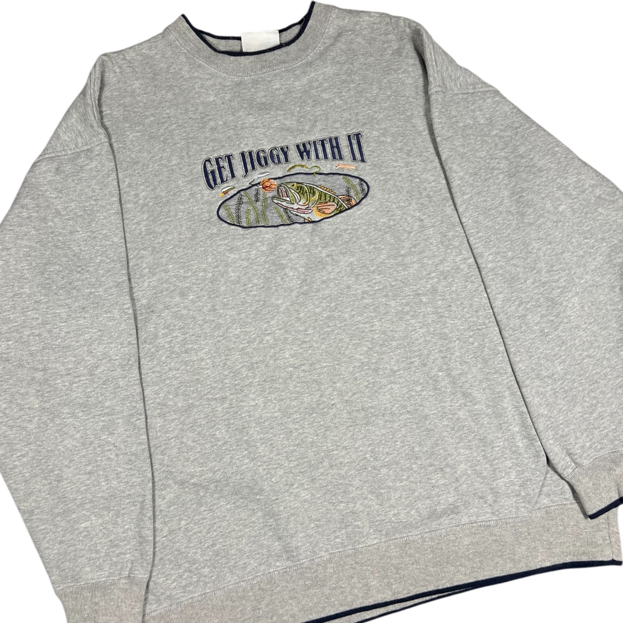 Vintage MC Sports Get Jiggy With It Gray Fishing Sweatshirt Embroidered Mens 2XL