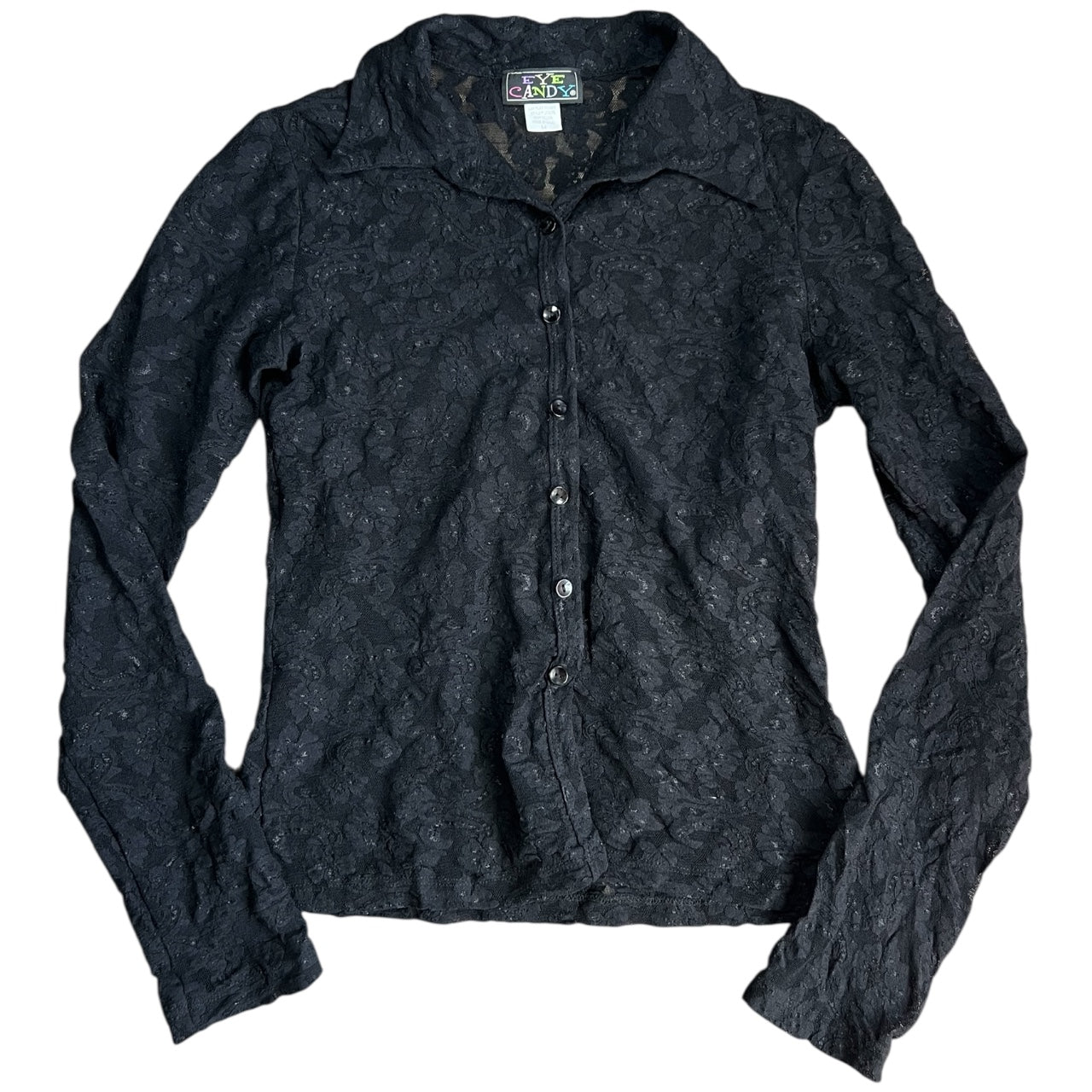 90s Eye Candy Sheer Black Floral Lace Longsleeve Button Up Shirt Women’s Med Made in USA