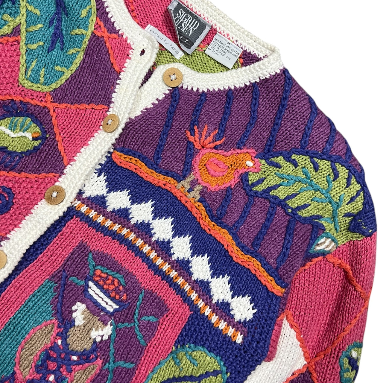 90s Sigrid Olsen Tropical Knit Cardigan Fruit Fish Palm Tree Women’s Med