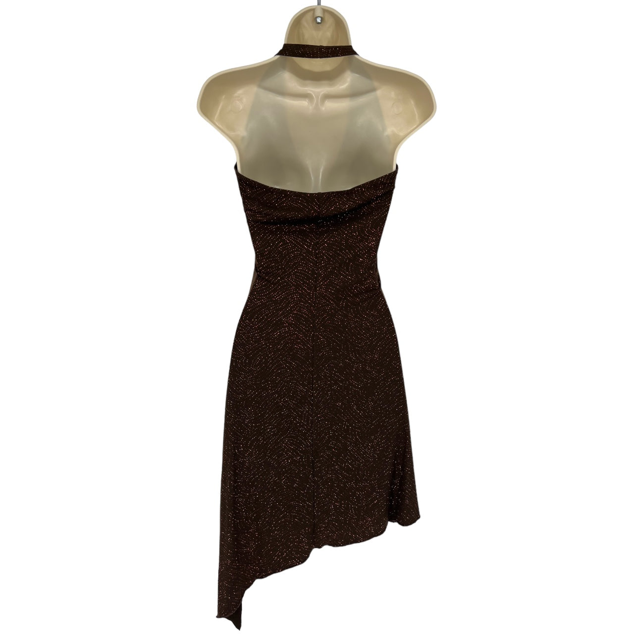 Vintage 90s Y2K Lipstick Brown Asymmetrical Glitter Halter Dress Ruched Detailing Womens S