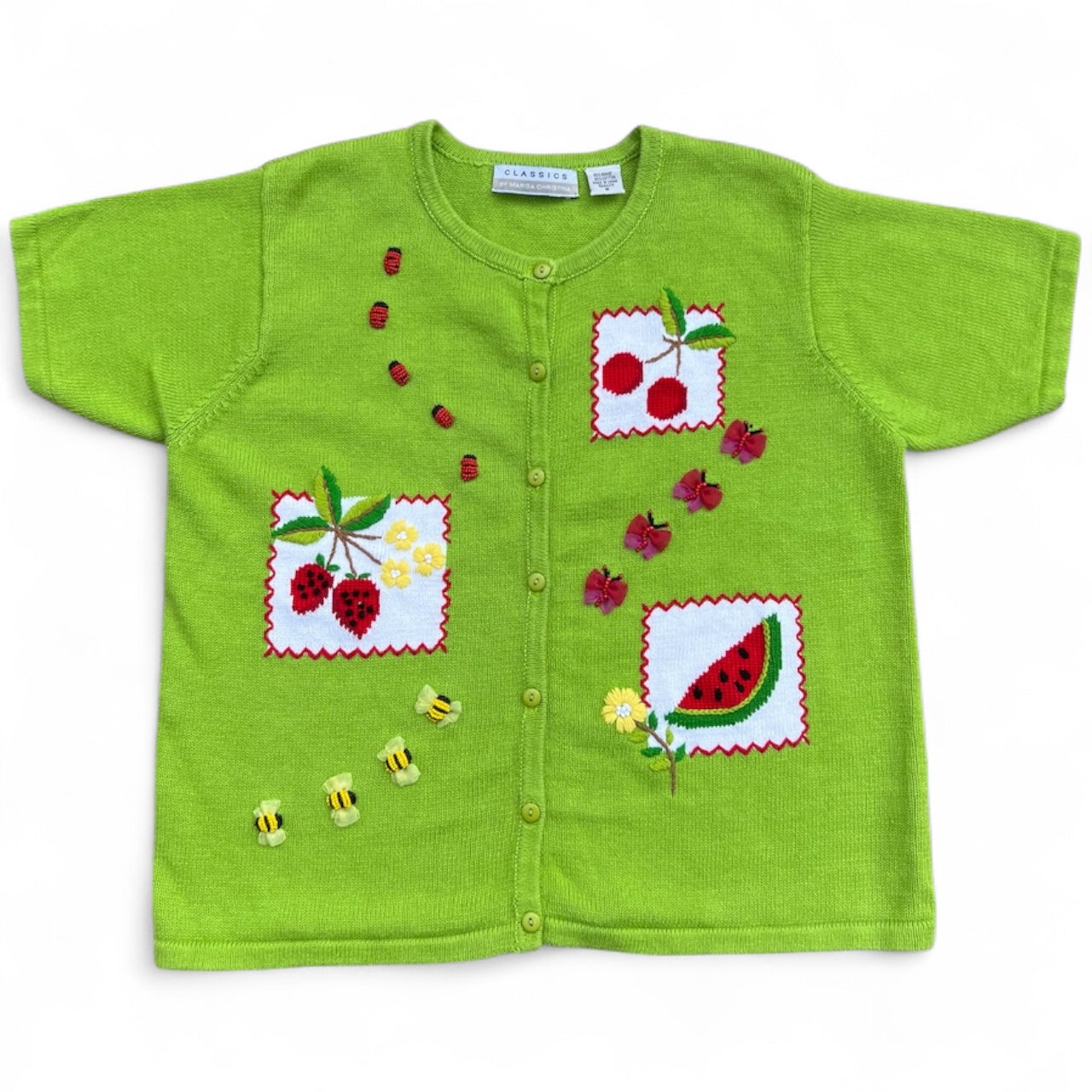 90s Marisa Christina Floral Beaded Fruit 3D Cardigan Women’s Med Cherries Watermelon Strawberry Ladybug Butterfly Bee