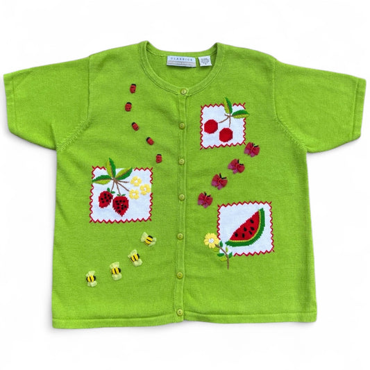 90s Marisa Christina Floral Beaded Fruit 3D Cardigan Women’s Med Cherries Watermelon Strawberry Ladybug Butterfly Bee