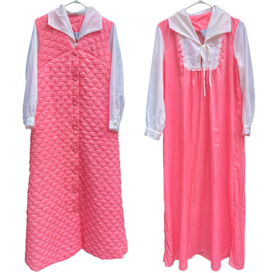 60s Miss Marie Hot Pink Quilted House Coat Robe Nightgown Set Women’s Med Made in USA