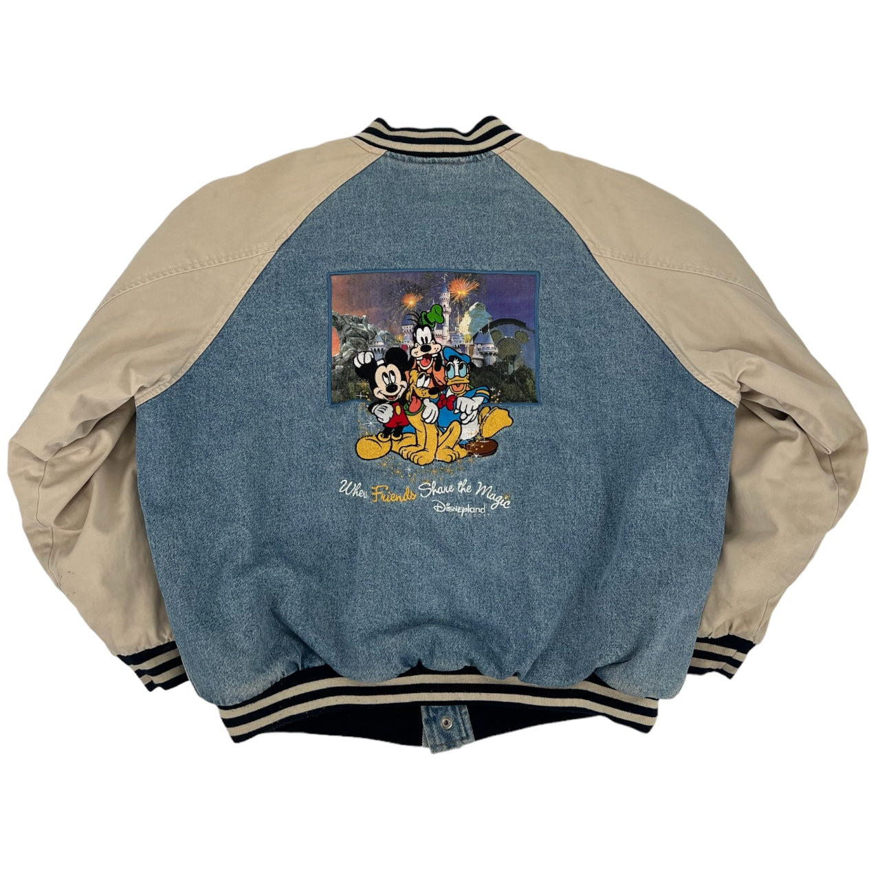 Vintage 90s Disneyland Resort Denim Bomber Jacket Embroidered Mickey Goofy Donald Duck Pluto Men’s L