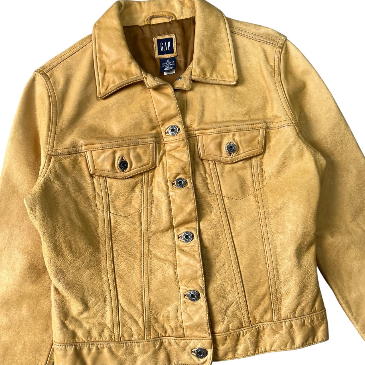 90s Y2K Gap Biege Leather Trucker Jacket Women’s Medium