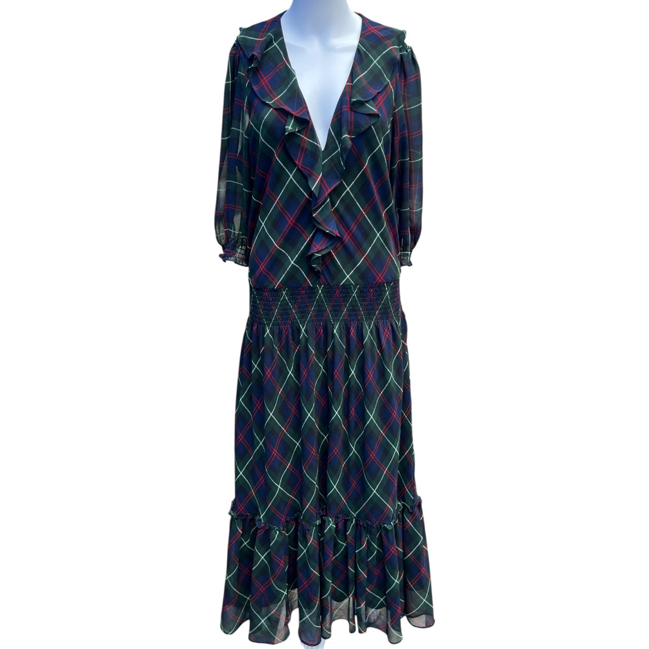 Lauren Ralph Lauren Plaid Georgette Ruffle Midi Dress Women’s 14