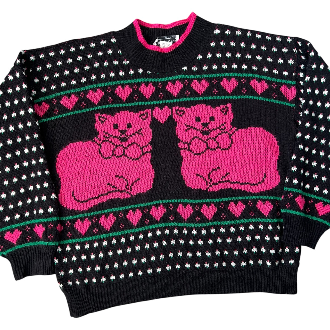 90s Jane Adam’s Cat Grandma Sweater Hearts Polka Dot Women’s Large Made in USA