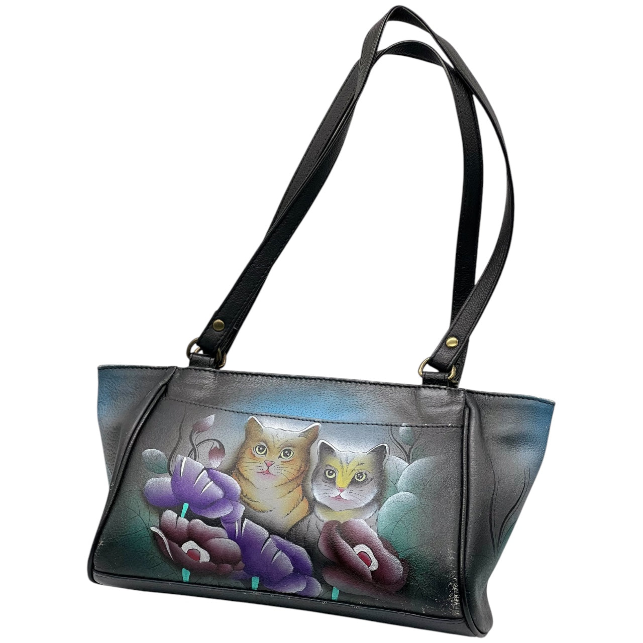 Anna by Anuschka Hand Painted Floral Cat Pebbled Leather Shoulder Tote