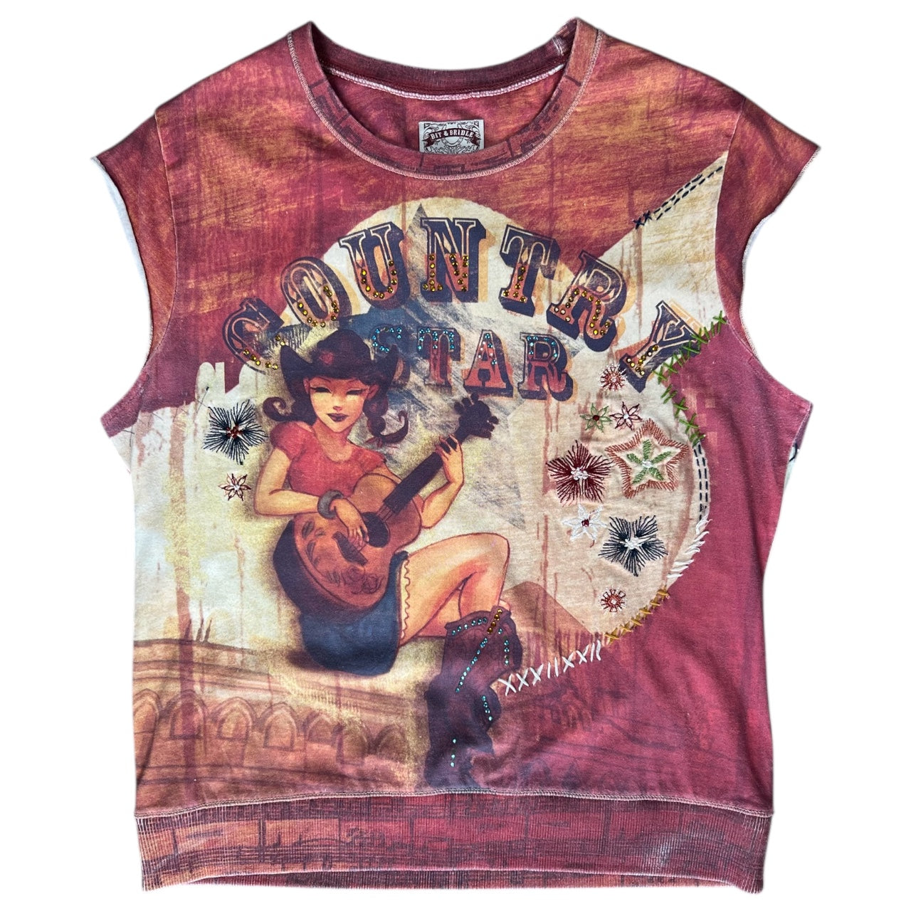 Y2K Bit & Bridle All Over Print Cowgirl Country Star Rhinestone Embroidered Shortsleeve Top Women’s Med