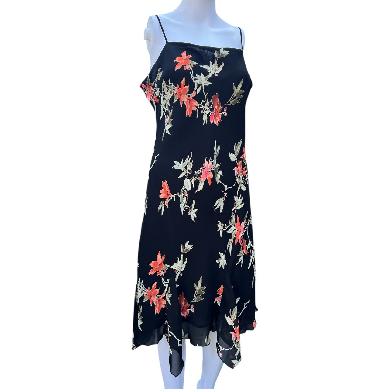 90s Y2K Lily Black Floral Chiffon Midi Dress Handkerchief Hem Women’s Large Made in USA
