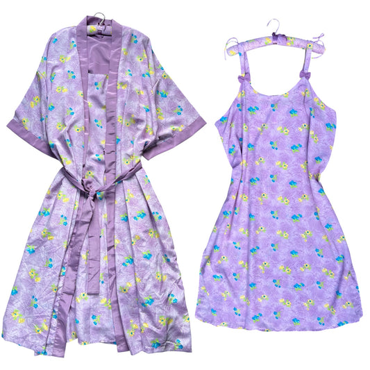 90s NWT Contessa Di Roma Lilac Floral Print Midi Slip Dress Robe Set Women’s 2X Plus Size