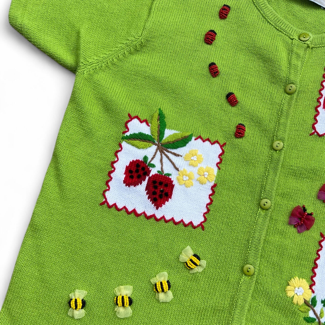 90s Marisa Christina Floral Beaded Fruit 3D Cardigan Women’s Med Cherries Watermelon Strawberry Ladybug Butterfly Bee