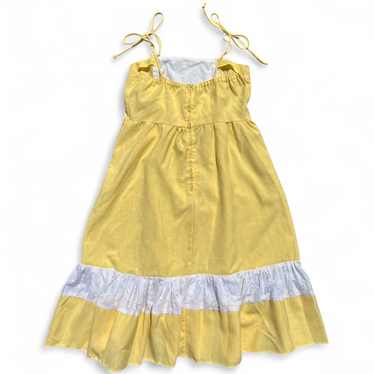 70s Handmade Yellow Eyelet Prairie Dress Midi Waist Tie Women’s M/L Made in USA