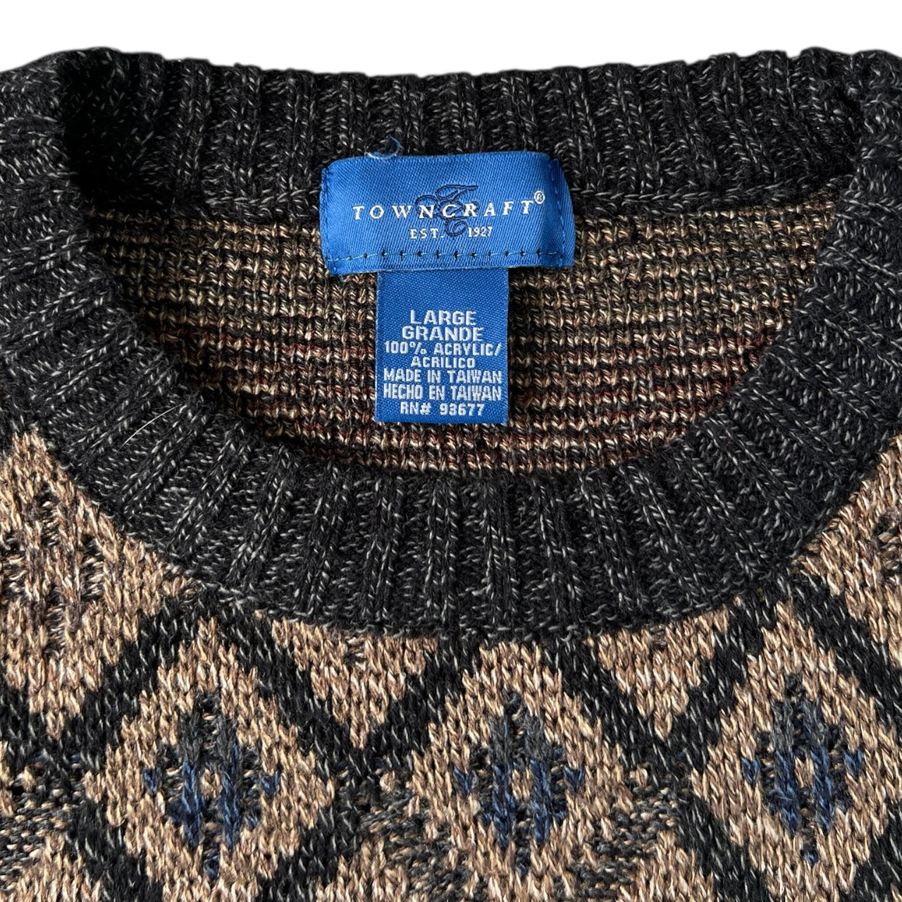 90s Towncraft Brown Diamond Pattern Crewneck Sweater Men’s Large