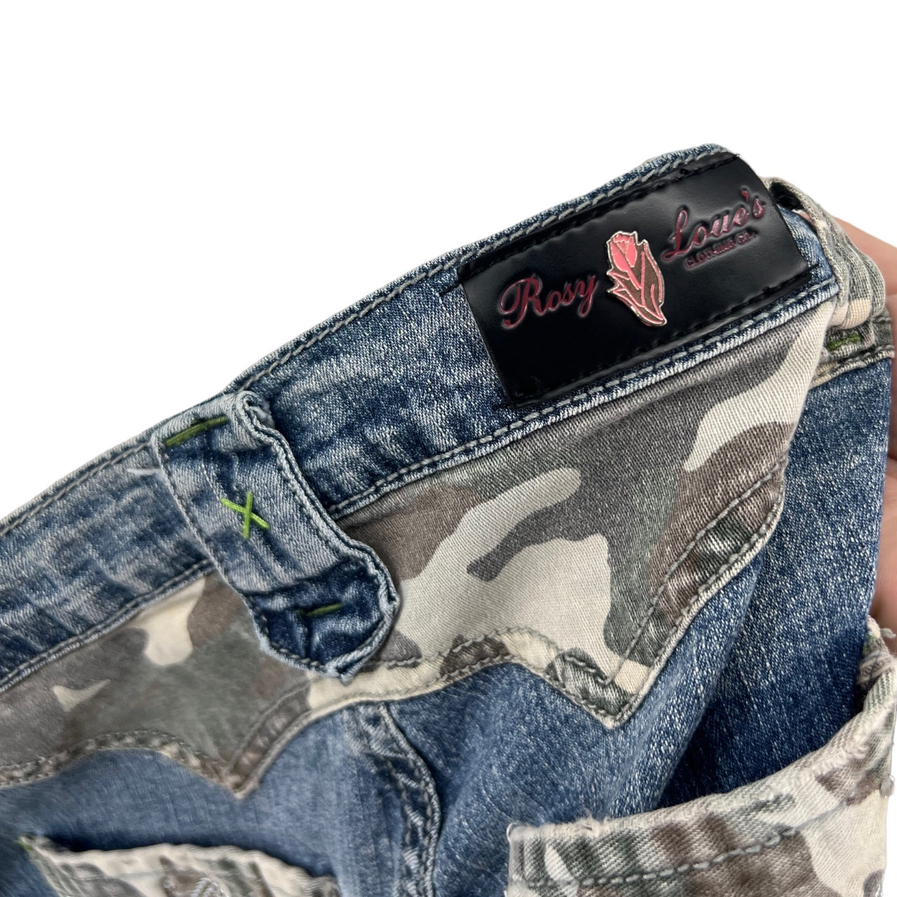 Vintage 90 Y2K Rosy Love’s Embroidered Camo Patchwork Skinny Bootcut Jeans Women’s 7/8