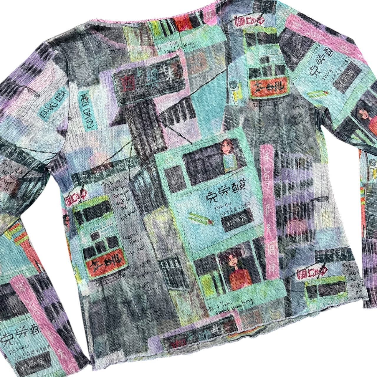 Vintage 90s Y2K Trends Longsleeve Mesh Top All Over Print Chinese City Lettuce Hem Womens XL