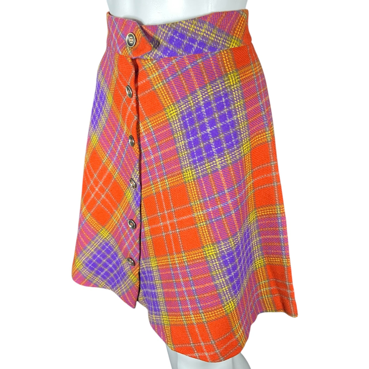 Vintage 60s 70s High Waisted Plaid Wool Skirt Button Down A-Line Retro Style Womens XS/S