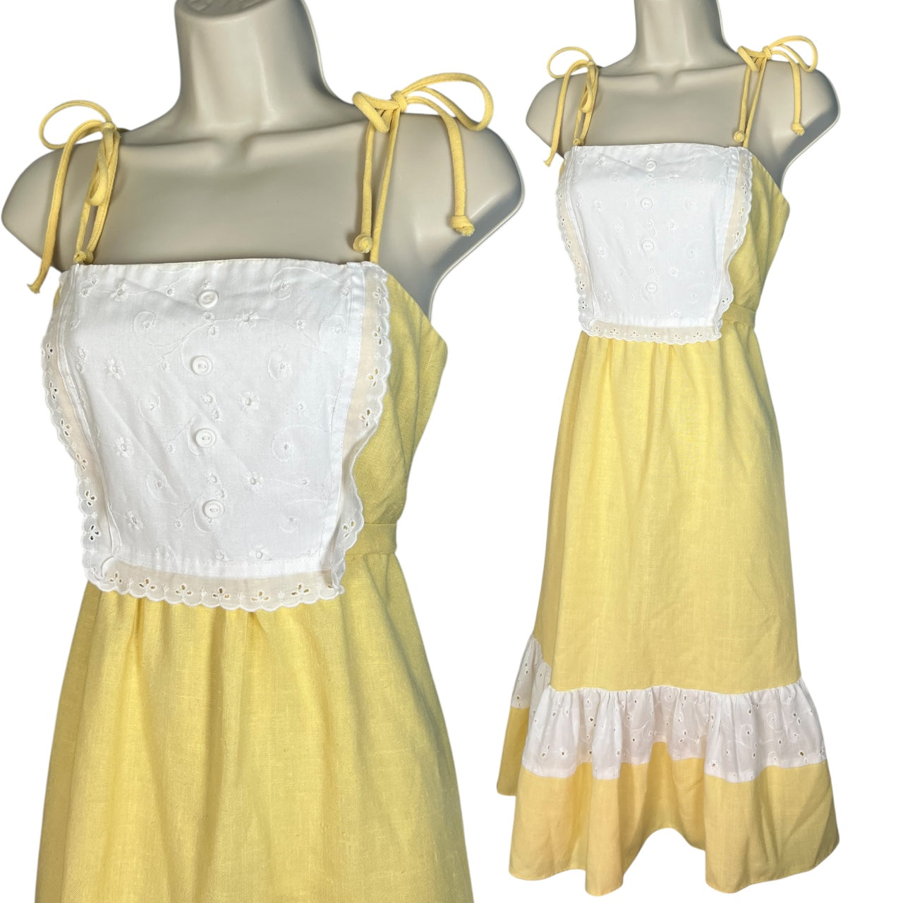 70s Handmade Yellow Eyelet Prairie Dress Midi Waist Tie Women’s M/L Made in USA