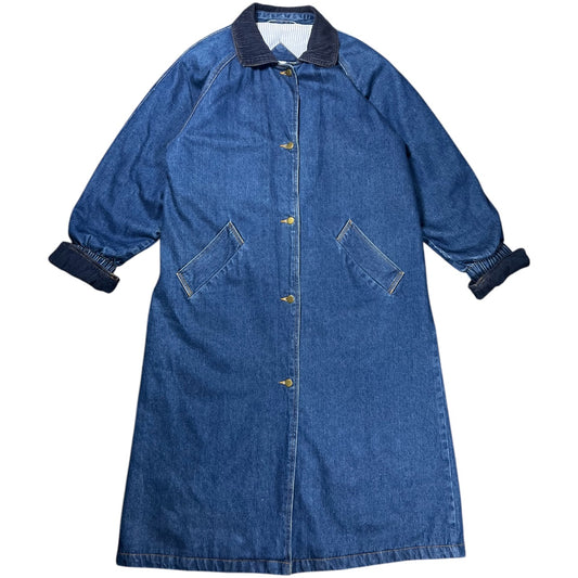 Vintage 90s Jill Evans Blue Denim Trench Coat Chore Jacket Corduroy Collar Womens Med (8-10)