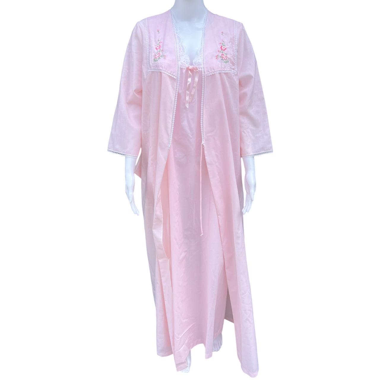 Vintage Sears Perma Prest Pink Nightgown Robe Set Floral Embroidered Lace Trim Women’s Med