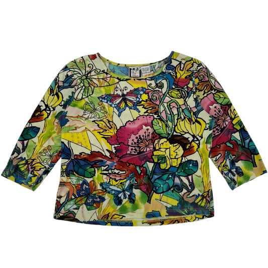 Vintage 90s Take Two Floral Butterfly Sequin Stained Glass Mosaic Style Scoop Neck Top 3/4 Sleeve Large