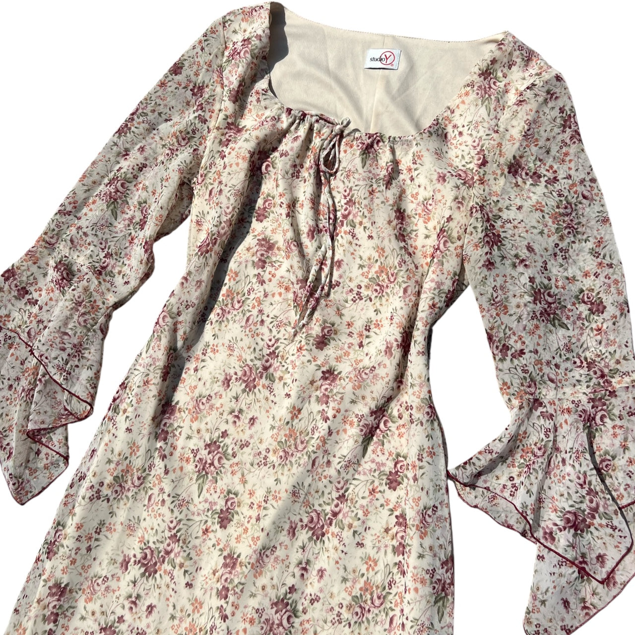 90s Studio Y Sheer Floral Scoop Neck Midi Dress Flared Sleeves Women’s 13 Made in USA