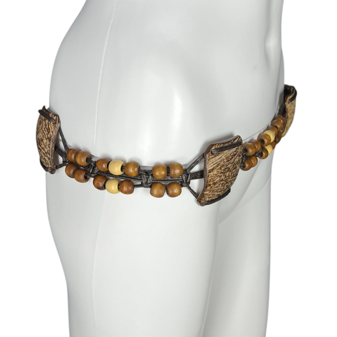 Vintage Wood Beaded Tie Belt Coconut Shell Fringe Hippie Boho Festival One Size