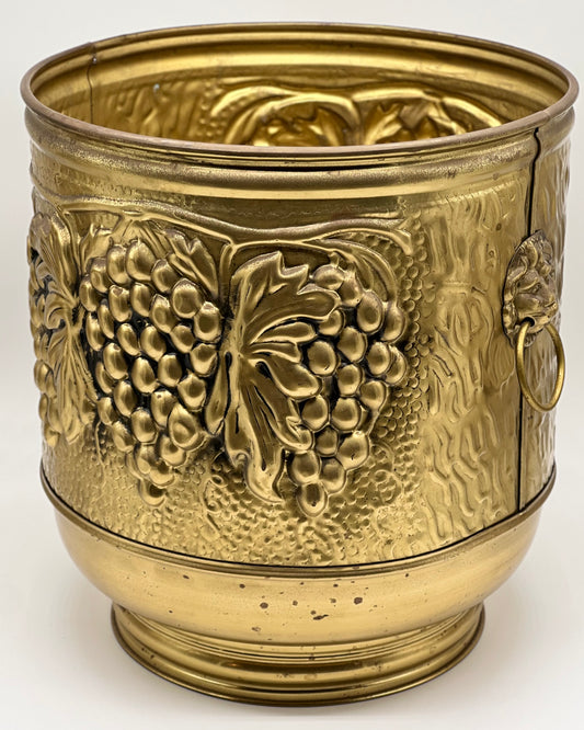 Vintage English Brass Planter Lion Head Handles Grapes Brass Cachepot English Country 11 1/2”